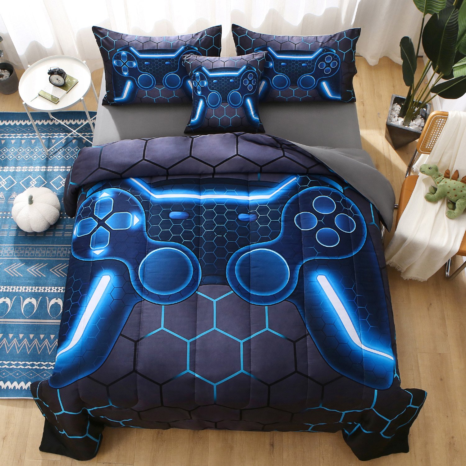 OKKEEY Boy Gaming Comforter Sets, 6 Pcs Video Gamer Bed in a Bag for Kids Teens, Ps5 Xbox Bedding Set Children's Room Decor Gift, Soft Microfiber Game Bed for All Season