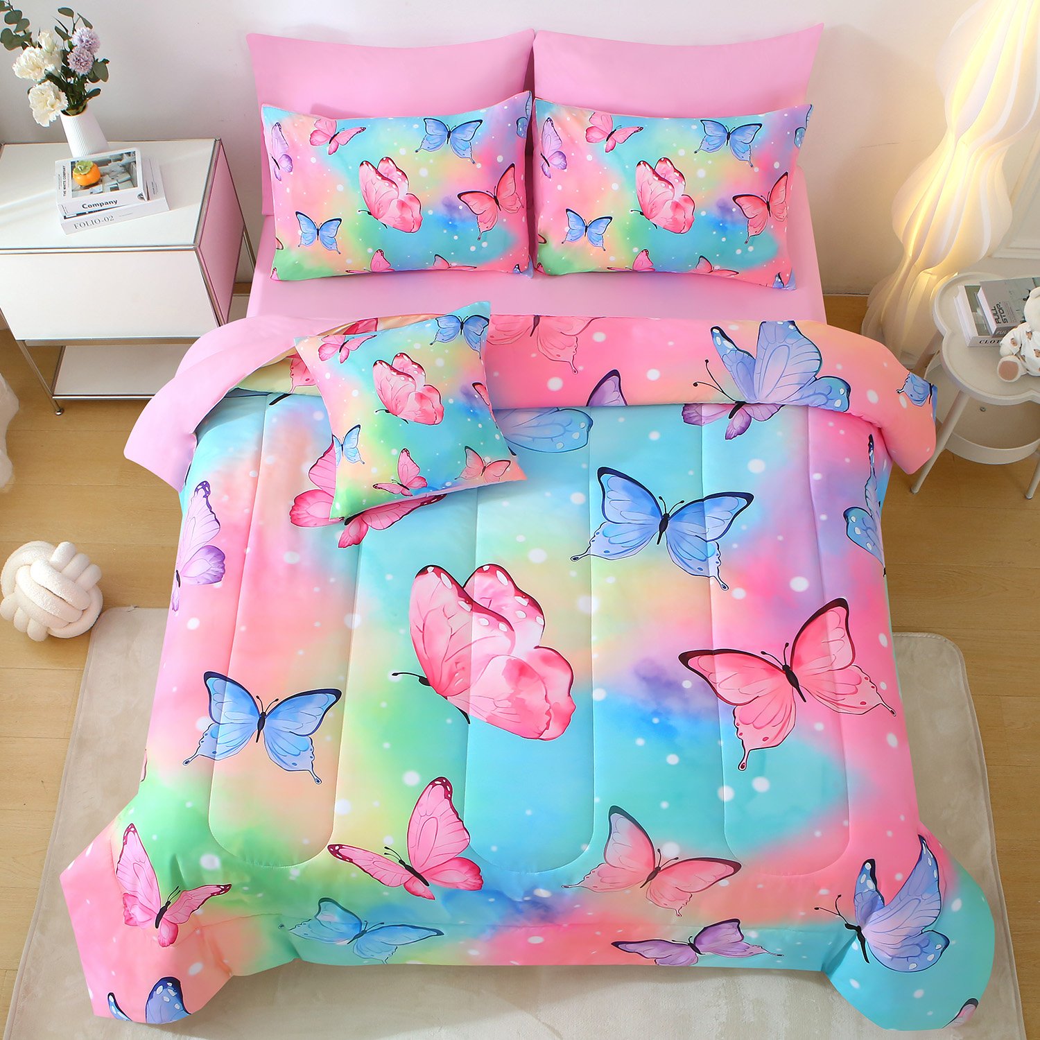 OKKEEY Bedding Sets for Girls Kids, Women's Butterfly Comforter Set, All-Season Flower Printed Soft Microfiber Bed in a Bag Room Bedding with Sheets