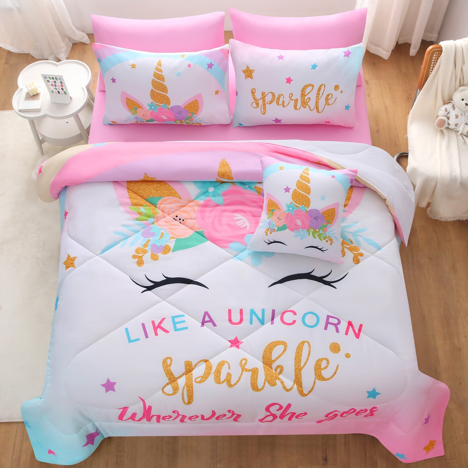 OKKEEY Kids Pink Comforter Set, 6 Pcs Unicorn Bedding Set for Girls Teen, Soft Microfiber Bed in a Bag Bedroom Sets Gift with Sheet, All Season