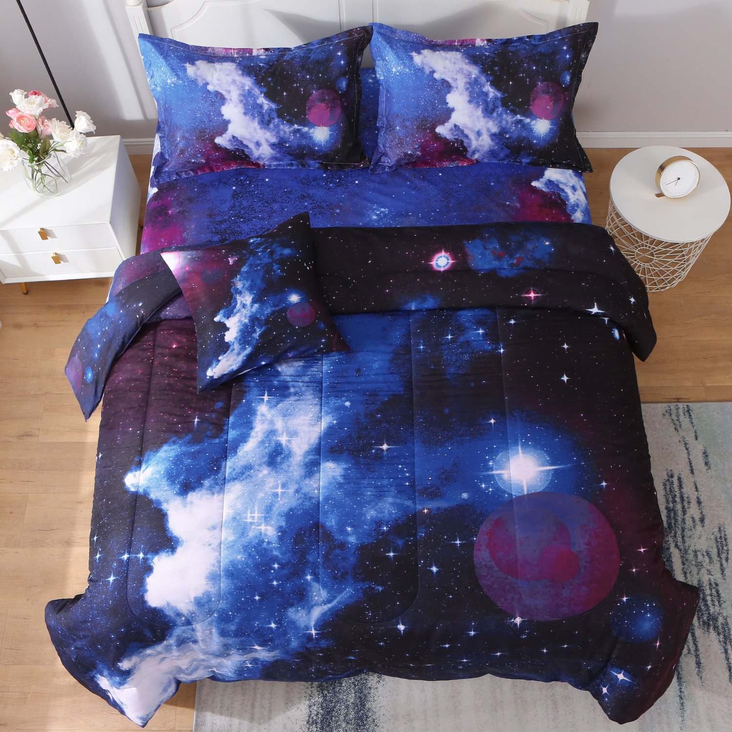 OKKEEY Galaxy Bed in a Bag for Boys & Girls, Outer Space Theme Teens Bedding Sets, Reversible Soft Microfiber Comforter Sets Kids Room Decor