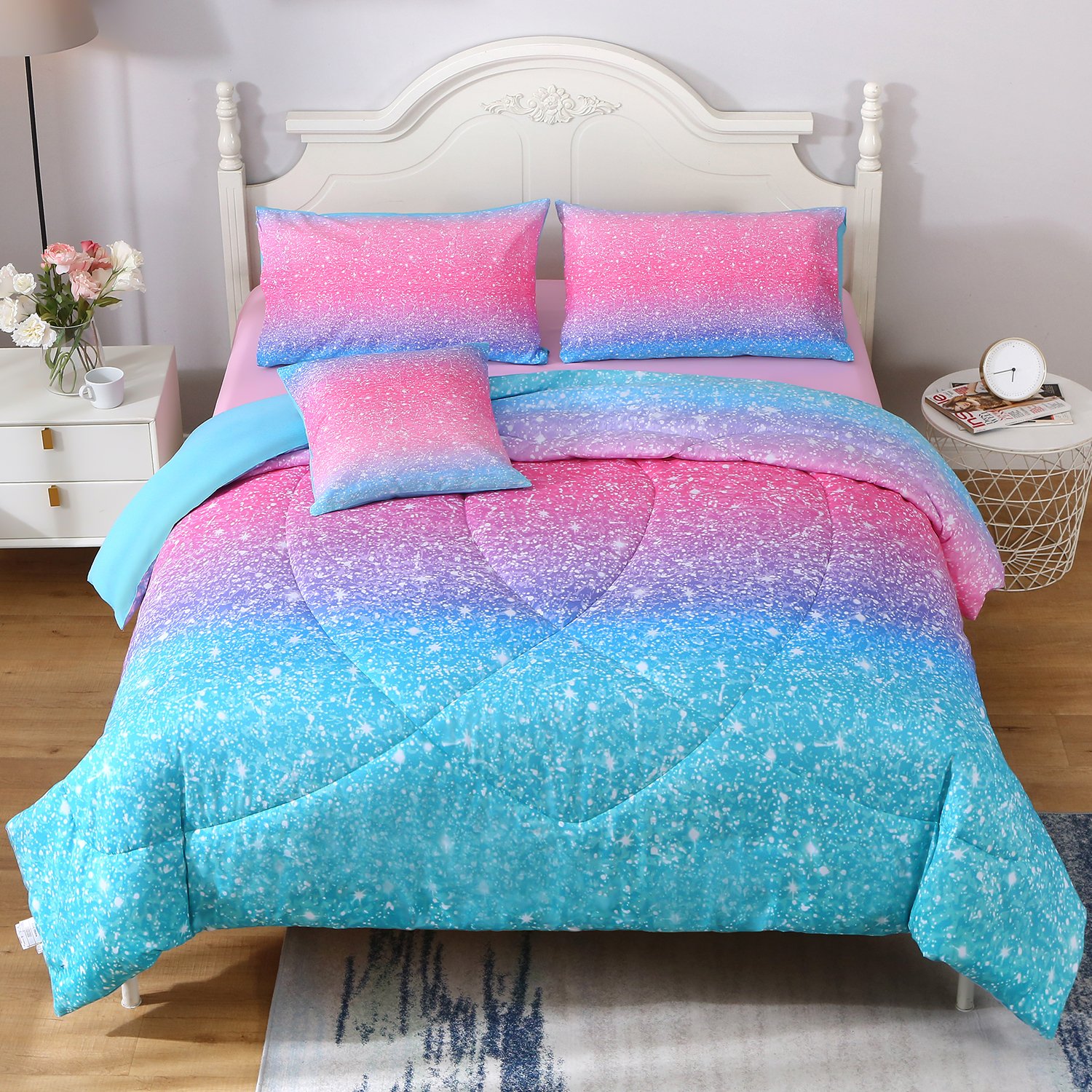 OKKEEY Glitter Theme Comforter Set for Teens Girls Kids, 6 Pcs Gradient Blue Pink Bed in a Bag, Colorful Rainbow Bedding Sets Gift