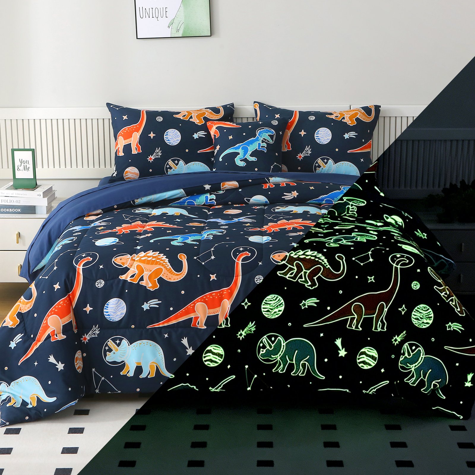 OKKEEY Kids 6-Piece Glow in the Dark Dinosaur Comforter Sets, Navy Blue Bed in a Bag with Flat Sheet, Fitted Sheet, Pillowcases, Soft Microfiber Bedding Sets for Boys